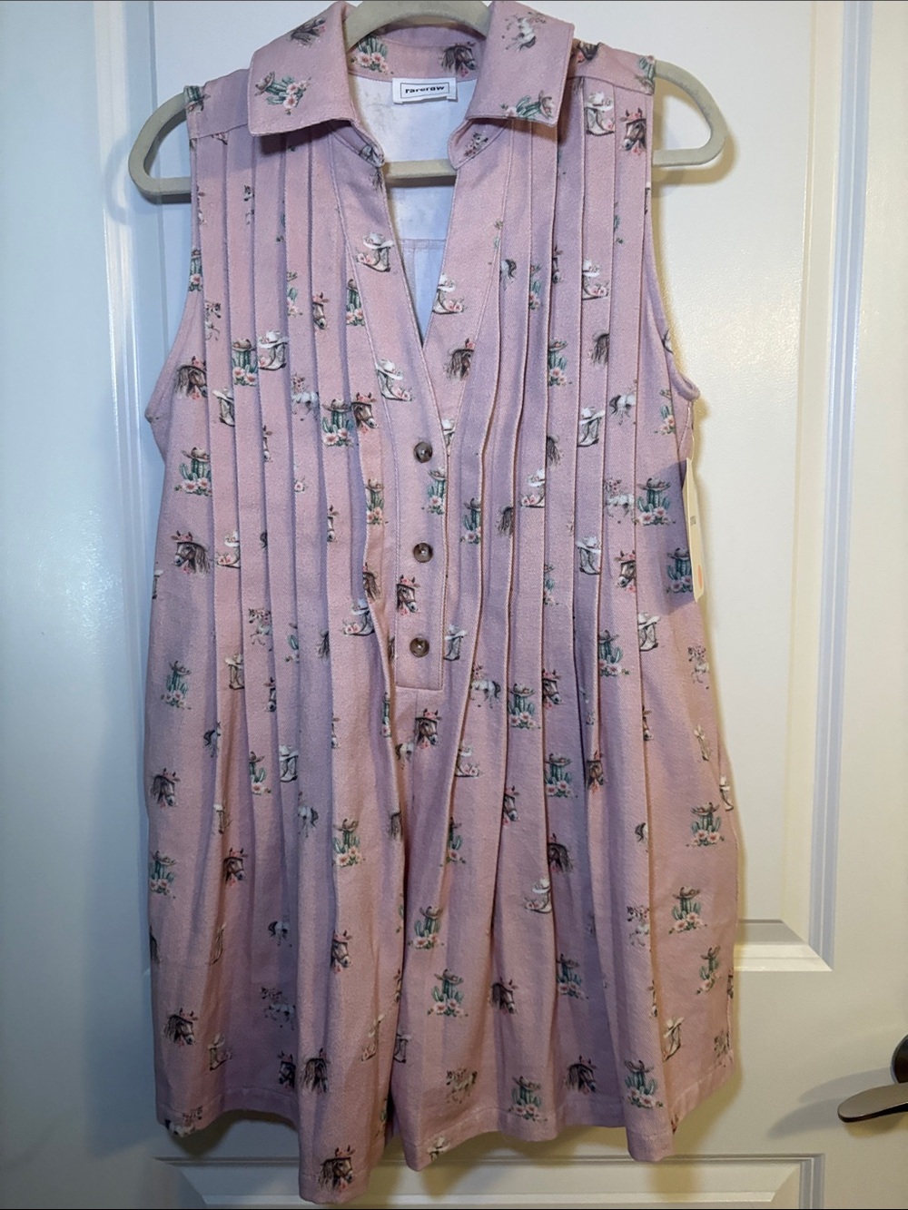 Sleeveless Pink Western Floral Pleated Romper with Horses, Boots and Cacti